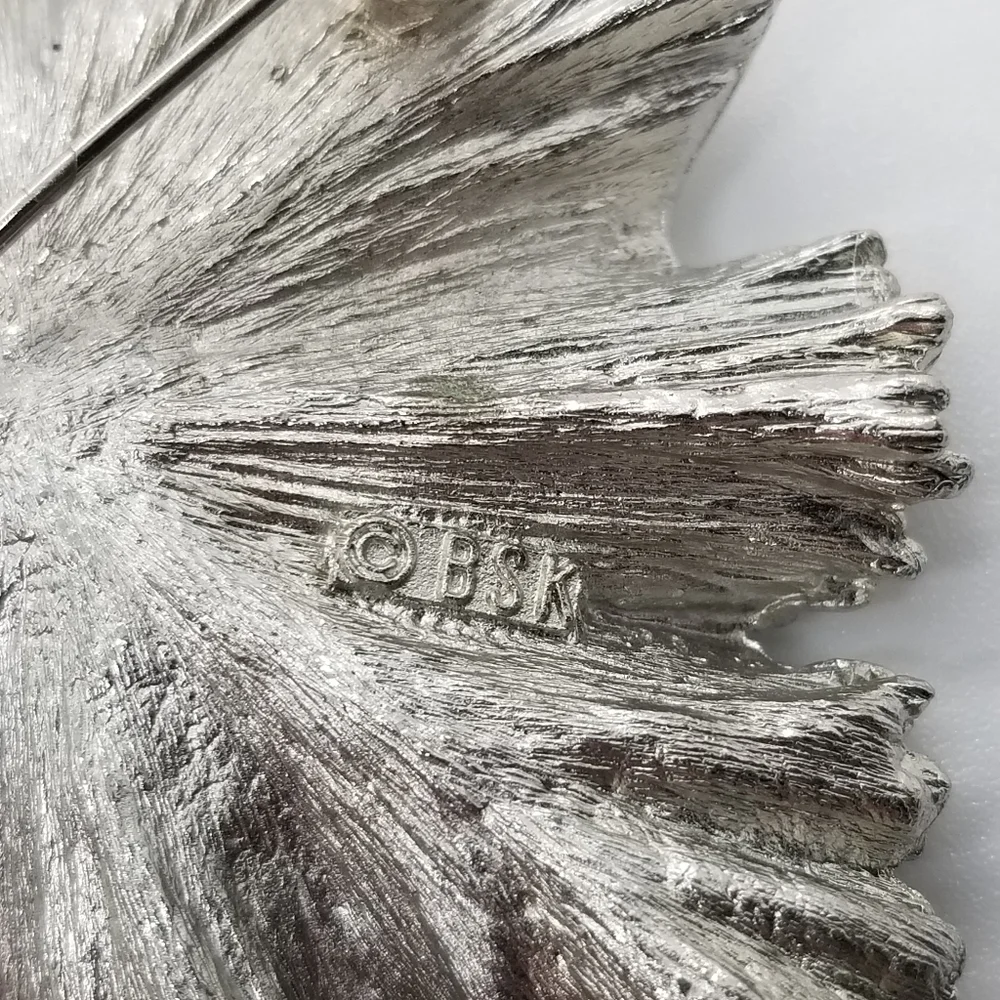 vintage BSK silver tone leaf brooch
